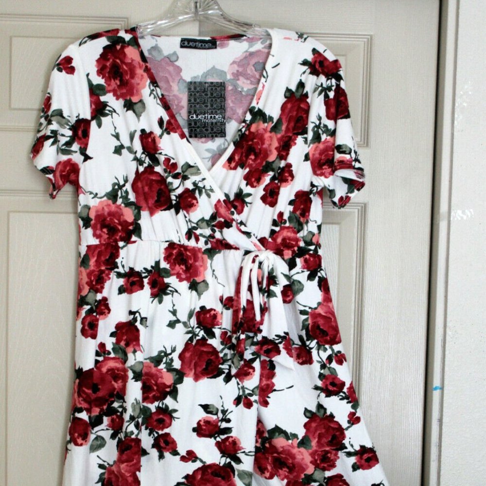 NWT DUETIME Maternity Women's White Red Flowers Stretch Dress Size-XL